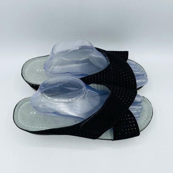David Tate Shoes Womens 10 WW Wide Black Suede Leather Laser Cut Wedge Sandals - Picture 3 of 12